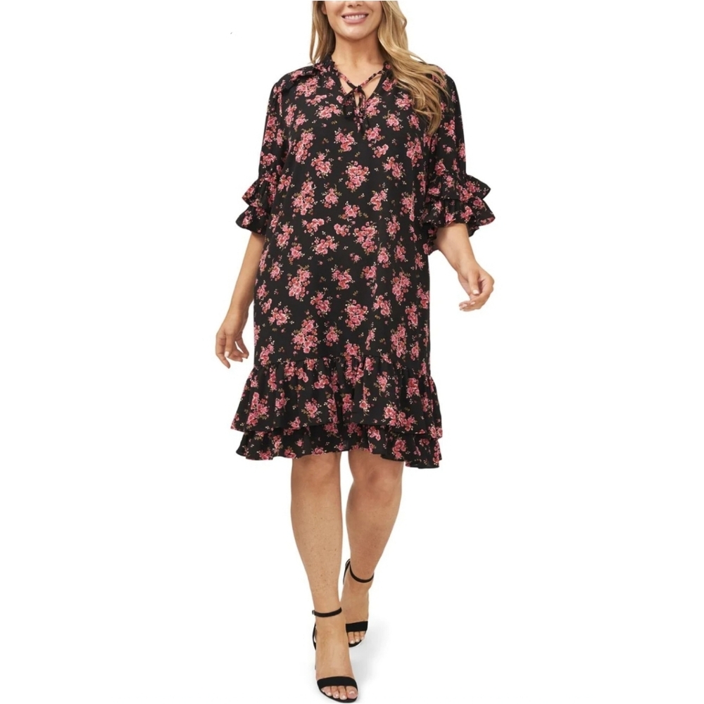 CeCe Blooming Romance Long Sleeve Dress in Rich Black Size 2X